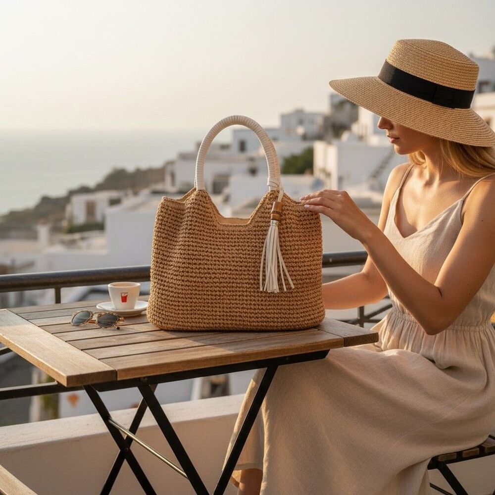Straw Studios Woven Straw Handbag Tote Beach Bag Natural Shoulder Bag 16"x10"
